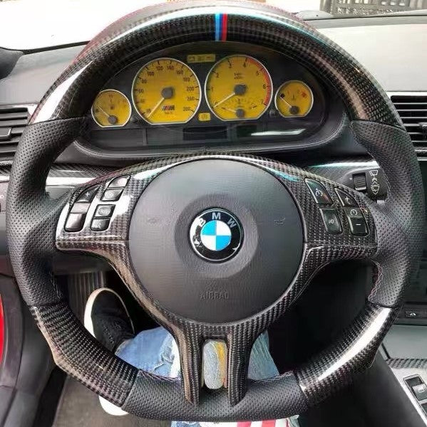 Carbon Fiber & Black Leather Size Of Steering Wheel For BMW E46 E39 330i  540i 525i 530i 330Ci M3 2001 2003 With Hand Sew And Hole From Gzy3300,  $33.73